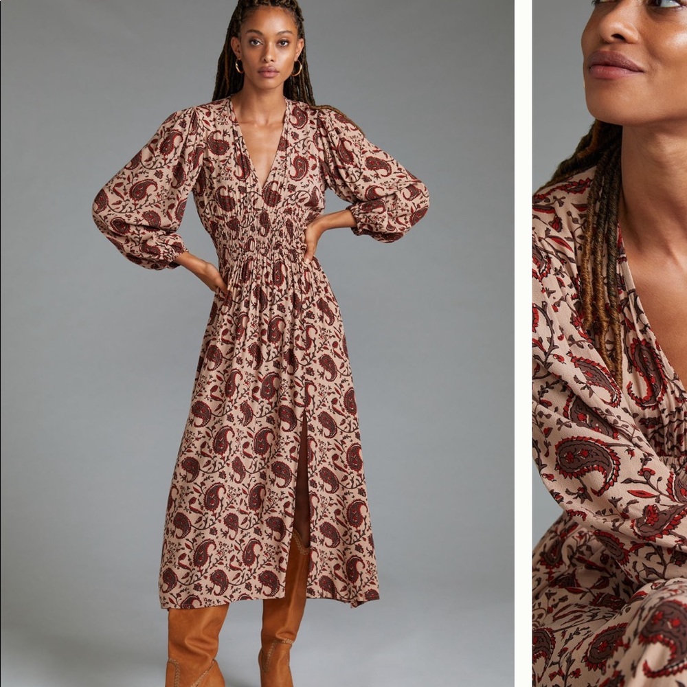 Anthropologie Lusana Puff-Sleeved Maxi Dress